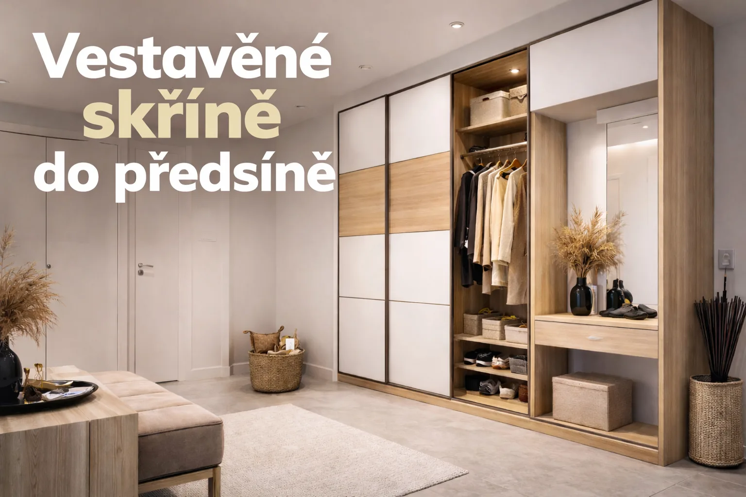 Vestavěná skříň do předsíně s policemi, botníkem a zrcadlem