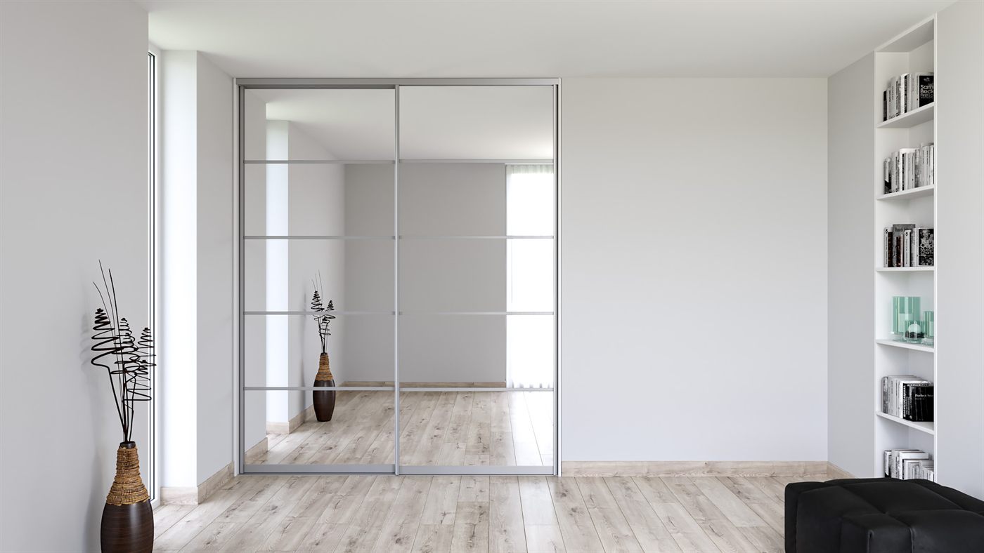 Vestavěná skříň na míru, 5× dělené zrcadlové dveře
