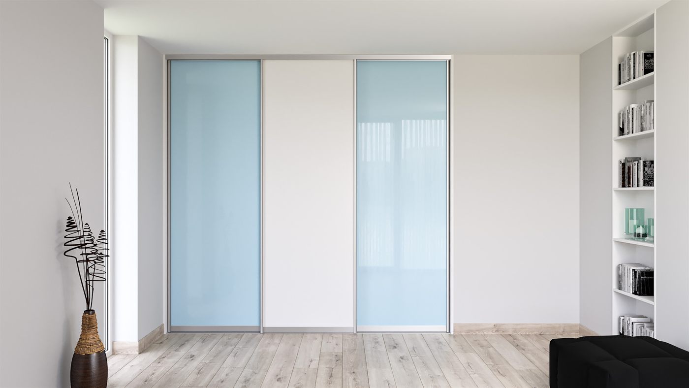 Vestavěná skříň na míru, modrý Lacobel a Bílá Briliant