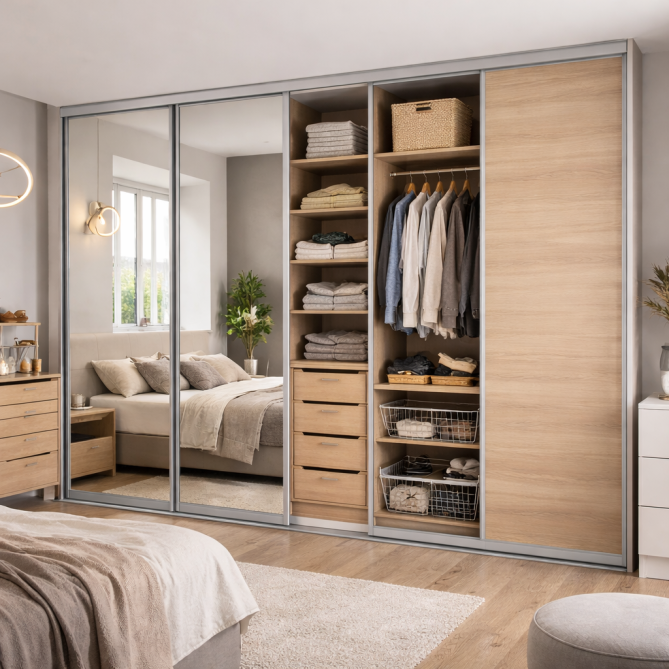 Moderní levná vestavěná skříň s posuvnými dveřmi v ložnici