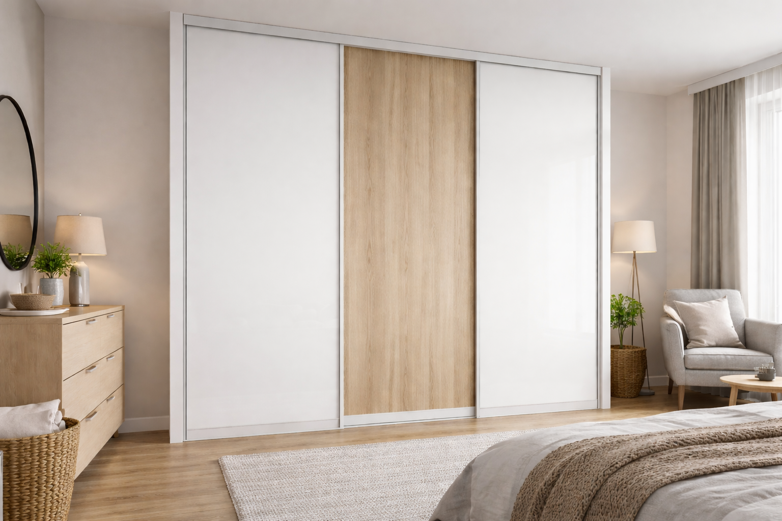 Levná vestavěná skříň na míru s jednoduchým designem v moderním interiéru