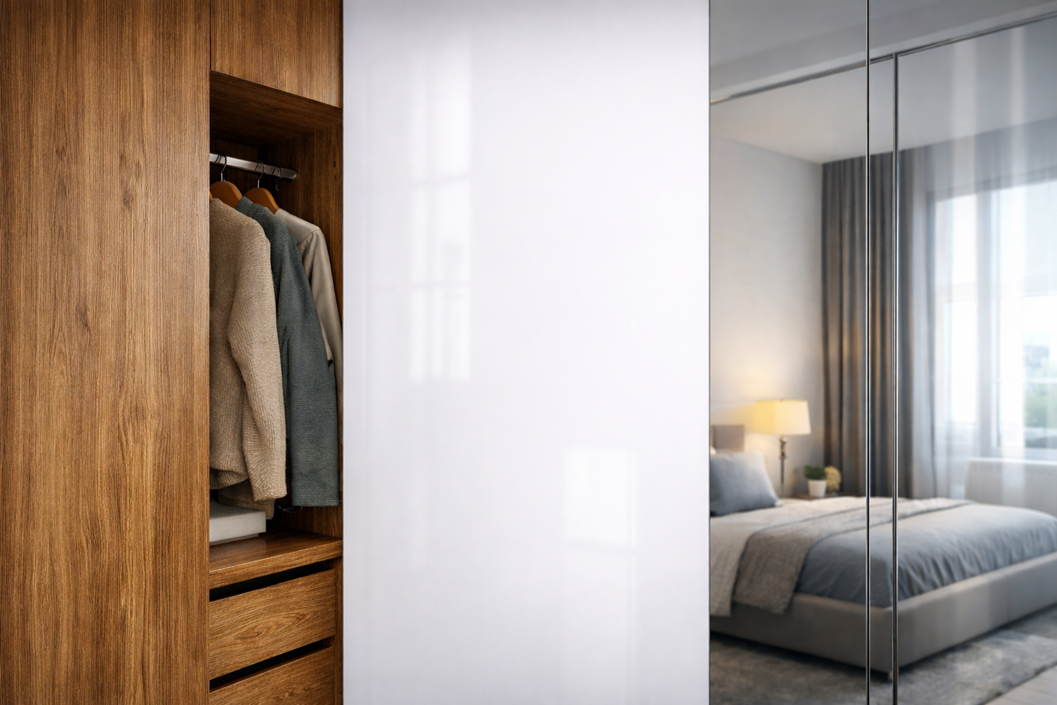 Materiály vestavěných skříní: lamino, MDF a zrcadlo